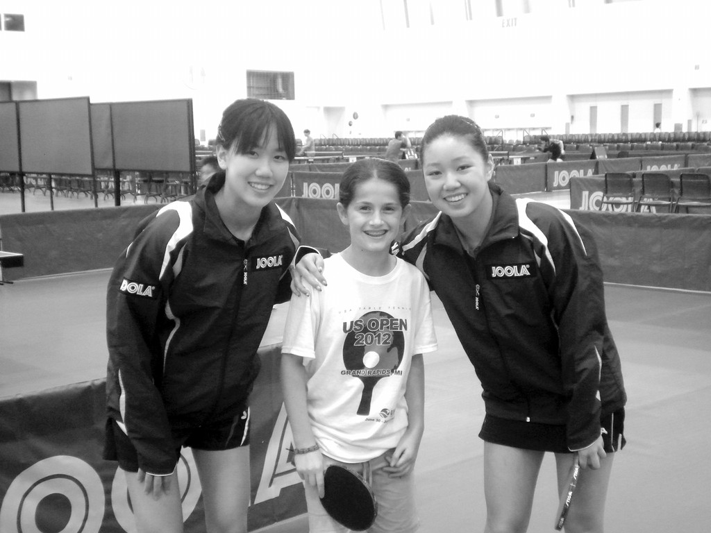 Estee Ackerman, 10, a sixth grader at the Hebrew Academy of Nassau County, West Hempstead, got the chance to practice with 2012 USA Table Tennis team members Erica Wu and Lily Zhang both from California at the US Open held in Grand Rapids, MI on June 29. Ackerman, currently ranked #8 in the  US under age twelve girls catagory enjoyed the session and the advice the Olympians gave her. Wu and Zhang who are both 16 are among the youngest players competing in London next week. Ackerman hopes to try out for team USA for the 2016 Olympians.