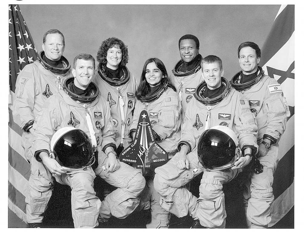 The crew of the doomed Space Shuttle Columbia mission STS-107 before the flight: From left, David M. Brown, Rick D. Husband, Laurel B. Clark, Kalpana Chawla, Michael P. Anderson, William C. McCool, Ilan Ramon.