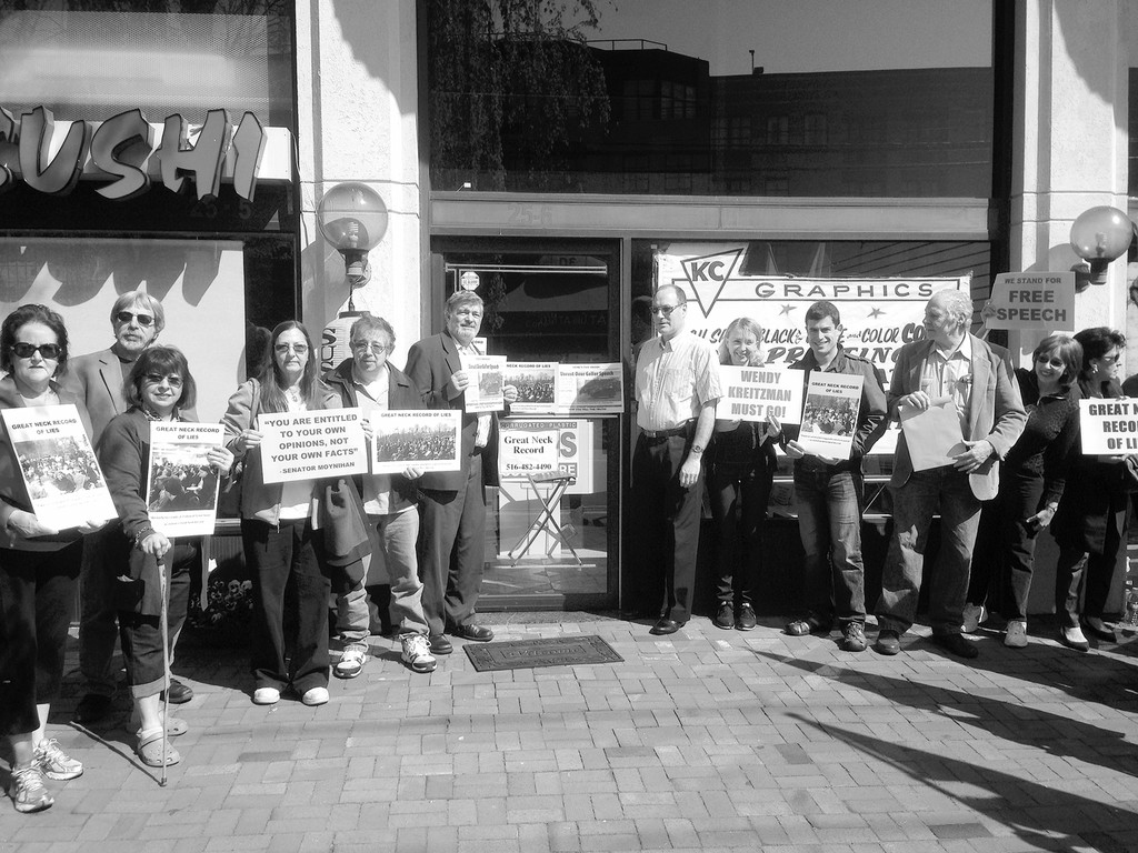 About 50 demonstrators gathered in front of The Great Neck Record&rsquo;s offices on Cutter Mill Road in Great Neck, on Sunday morning, April 28, 2013, to protest what they claimed was the paper&rsquo;s decades of slanted coverage and left wing propaganda. The Record is a weekly that covers events in Great Neck.        The catalyst for the rally was what organizer Jeffrey Wiesenfeld, a Great Neck resident and Manhattan business executive, as well as the president of the Israel Independence Fund, called &ldquo;the disgraceful false reporting&rdquo; of the Anton Newspaper chain&rsquo;s GN Record, and its editor, Wendy Kreitzman, of activist and blogger Pamela Geller&rsquo;s appearance at the Great Neck Chabad on April 14.       Wiesenfeld organized the protest with Dr. Paul Brody. &ldquo;It is one thing for a newspaper to have an editorial point of view that I find abhorrent,&rdquo; said Weisenfeld, &ldquo; bad enough, but perfectly American. It is not permissible to ignore reality and publish a false accounting of a widely-attended event the way the GN Record did &ndash; while photos in other publications prove the exact opposite of your statements&hellip;speaking of &ldquo;sparse attendance&rdquo; and the like.&rdquo;