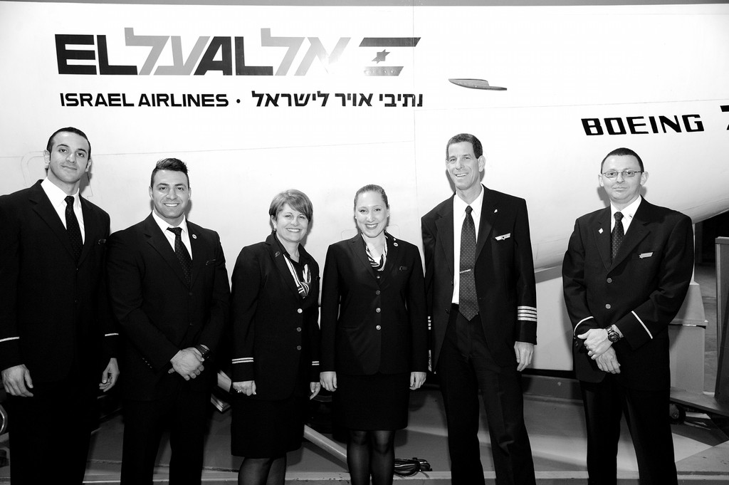 From left, Chai Elyass, Firas Farhoud, Orna Leshem, Shani Ben Meir, Captain Tal Fishel and Dani Klain, above, from El Al Israel Airlines, spoke at the Cradle of Aviation Museum in Garden City on May 2.