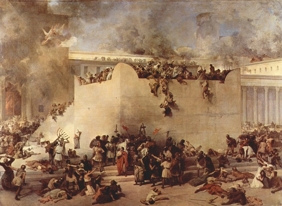 A depiction of the destruction of the second Temple by the Romans in the year 70 C.E., with the altar in the foreground.