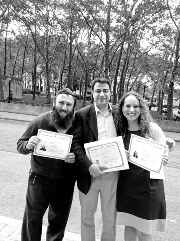 Rabbi Simcha Weinstein outside the Federal courthouse in Brooklyn with fellow new citizens Samuel and Susan Elhadad, members of Congregation B&rsquo;nai Avraham in Brooklyn Heights.