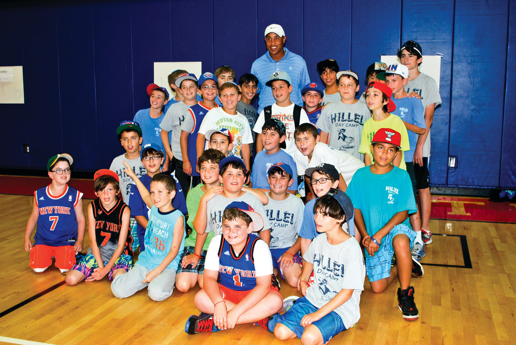 Fifth grade boys with John Starks after he spoke to them at the Hillel Day Camp in Lawrence.