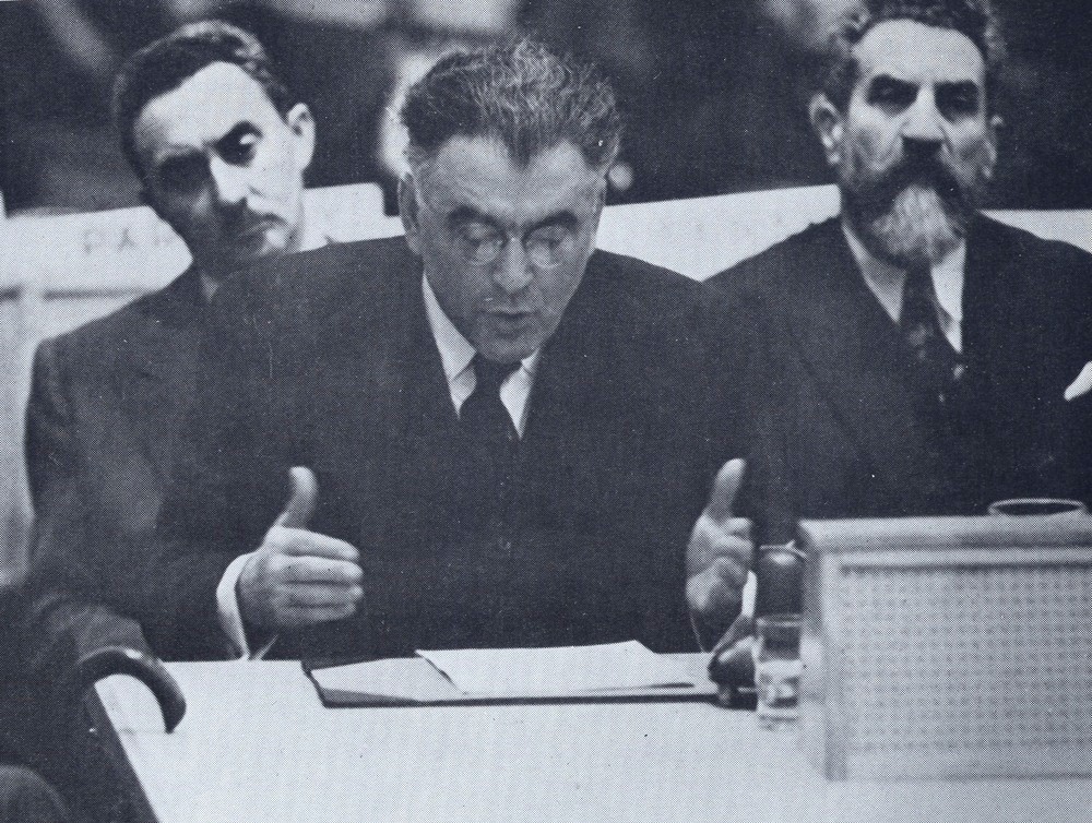 Abba Hillel Silver addressing the United Nations in 1947. Behind him are Jewish Agency official and future Israeli prime minister Moshe Sharett (left) and Mizrachi leader Rabbi Wolf Gold. Courtesy David S. Wyman Institute for Holocaust Studies