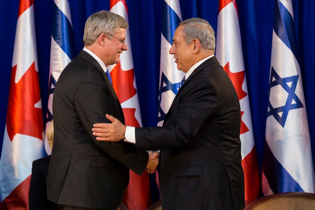 Prime Minister Benjamin Netanyahu greets Canadian Prime Minister Stephen Harper in Jerusalem in January.