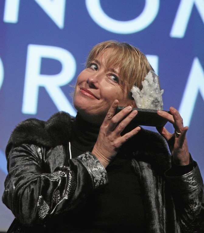 Actress Emma Thompson with the award she was given during the World Economic Forum in Davos, in 2008.