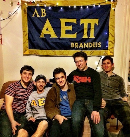 AEPi members at Brandeis University. At left is Jordan Schwartz,