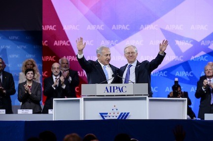 Prime Minister Netanyahu and AIPAC President Michael Kassen, at AIPAC