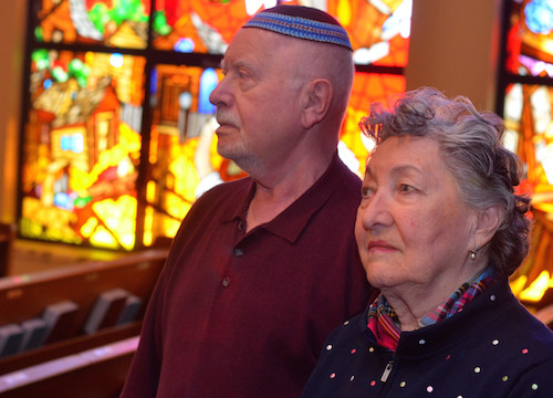 Alex Konstantyn, 76, and Ruth Mermelstein, 84, pictured inside the East Meadow Jewish Center.