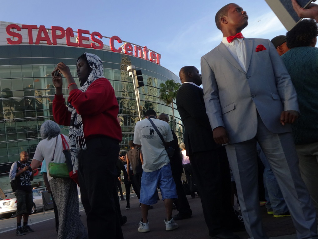 A protest of Donald Sterling's racist comments next to the Staples Center, home of the Sterling-owned Los Angeles Clippers, on April 29. Credit: Craig Dietrich via Wikimedia Commons.