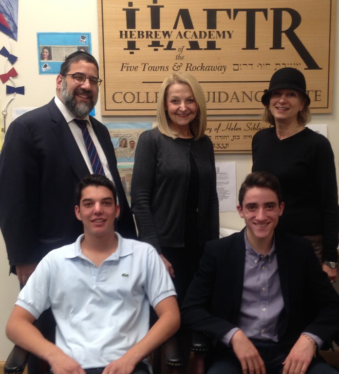 HAFTR students Russell Charnoff (left) and Justin Lish are flanked by (left to right) principals Rabbi Gedaliah Oppen and Mrs. Naomi Lippman, and research teacher Rebecca Isseroff.