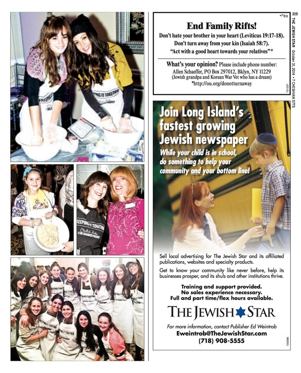 Aliza Stern and Chana Muchii from North Woodmere; Raichel Minkow, proud young baker from Cedurhust, and Challah Bake organizers Malky Feldman and Judy Rubin; some of the 20 seniors from the Hebrew Academy of Five Towns and Rockaway who participated with their mothers, faculty members and assorted guests.