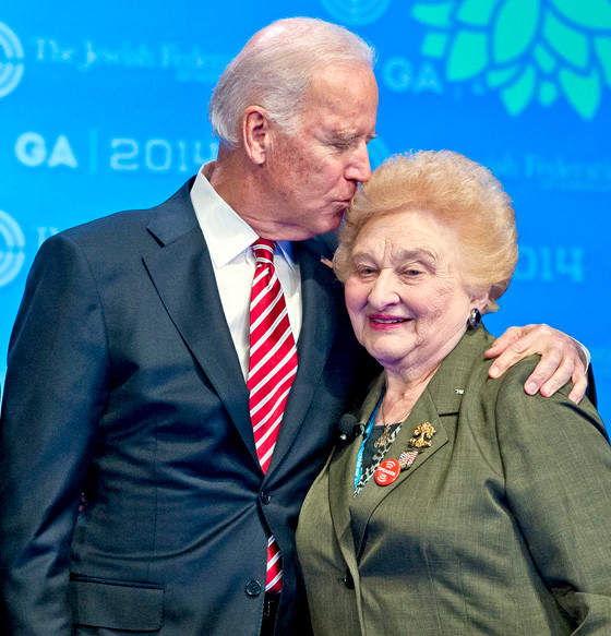 Vice President Joe Biden embraces Holocaust survivor Nesse Godin during Monday