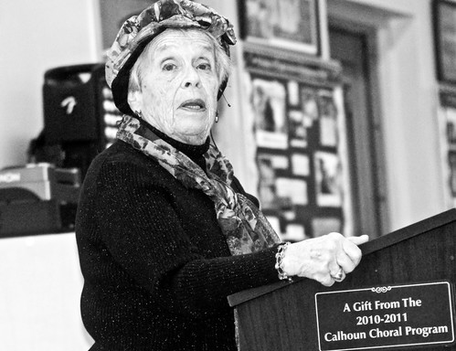 Holocaust survivor Evelyn Pike Rubin, of Jerico, speaks at a public high school in Merrick.