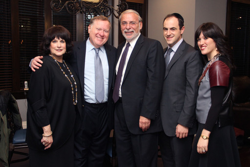 Assemblyman Dov Hikind (center) with Hannah and Bernie Fuchs, and Shaindy and Yolly Edelstein, at a fundraiser in Lawrence on Monday.