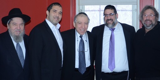 From left: Rabbi Ehud Hubner, Rabbi Moshe Hubner, Dr. Michael Szenberg, Judaic Studies Principal  Rabbi Oppen, and event sponsor Marty Scharf.