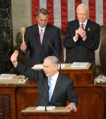Prime Minister Netanyahu waives during his address to a joint session of Congress on Tuesday.