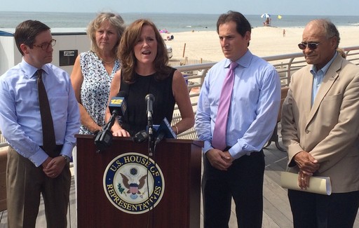 In Long Beach on Monday, from left: Roy E. Wright of FEMA, County Legislator Denise Ford, South Shore Rep. Kathleen Rice, Assemblyman Todd Kaminsky, and Long Beach City Council President Len Torres. They urged South Shore residents to apply to have their Sandy insurance claims re-examined before the Sept. 15 deadline.
