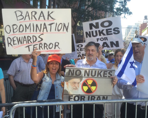Demonstrators from the Jewish Rapid Response Coalition, outside Rep. Carolyn Maloney's office Manhattan office on Wednesday. From left: AFSI Co-Executive Director Judy Kadish, Jewish Political Education Foundation Vice President  Dr. Paul Brody, and Evan Litton of Lawrence. They urged Maloney to oppose the Iran nuclear deal.