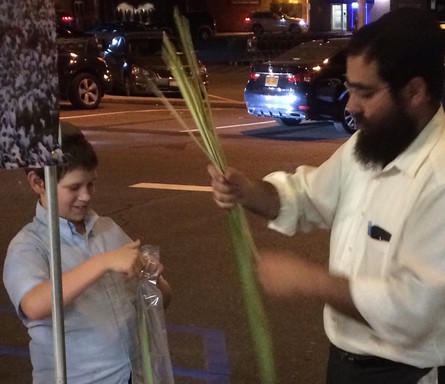 Rabbi Yona is stationed outside Gourmet Glatt in Cedarhurst, selling lulavim and esrogim, which shoppers were carefully examining on Monday night. He urged everyone to arrive early