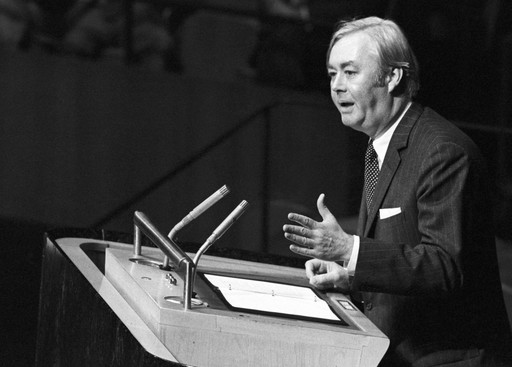 Daniel Patrick Moynihan, U.S. ambassador to the U.N., addresses the U.N. General Assembly on Nov. 10, 1975, the day the assembly adopted the &ldquo;Zionism is racism&rdquo; resolution. Moynihan said the U.S.&rdquo;will never acquiesce in this infamous act.&rdquo;