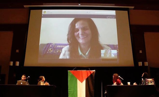 Convicted terrorist Rasmea Odeh as the keynote speaker at the national conference of Students for Justice in Palestine last October.