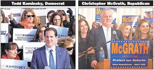 Left photo: Democrat Todd Kaminsky at his campaign launch in Long Beach, surrounded by supporters. Right photo: Hempstead Town Supervisor Anthony Santino introduces Republican state Senate candidate Christopher McGrath. From right: McGrath supporters Jack Brach, Asher Matathias and Ari Brown.