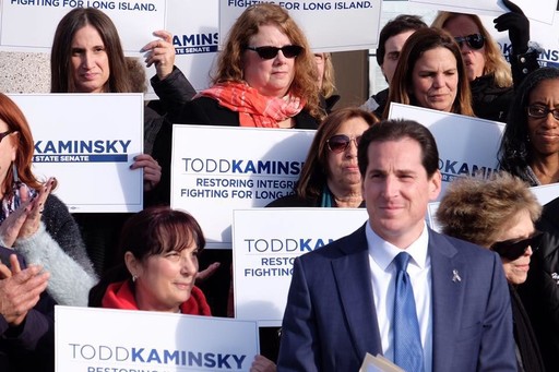 Todd Kaminsky at his campaign launch in Long Beach, surrounded by supporters.