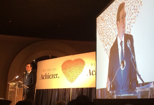 Achiezer founder and President Rabbi Boruch Ber Bender addresses 1,500 people at Sunday&rsquo;s gala at the Sands Atlantic Beach.