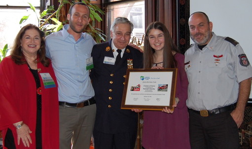 From left: Penny Rosen, host of Sunday&rsquo;s event and JNF board member; Ariel Kotler JNF&rsquo;s development officer of Israel operations; Michael Bono, a firefighter in Plainview / Old Bethpage, with his granddaughter, Hannah Slavsky of Old Bethpage, and Israeli firefighter Uri Chobotaro.