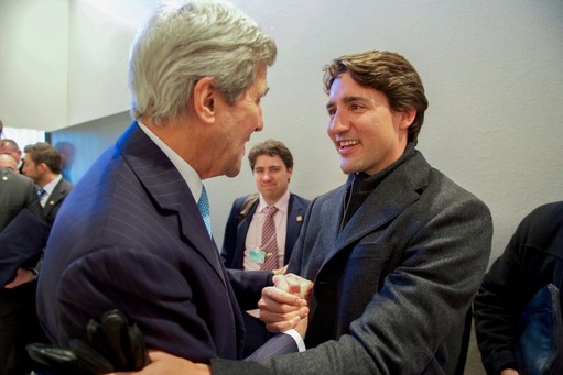 Canadian Prime Minister Justin Trudeau (at right) with U.S. Secretary of State John Kerry at the World Economic Forum in Davos, Switzerland, in January.