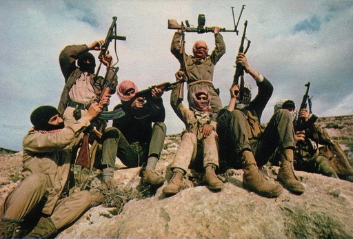 Members of the Popular Front for the Liberation of Palestine (PFLP) terror group pictured flaunting their weapons in the mountains east of the Jordan River.