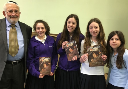 Guest speaker Israel Starck, together with Shulamith students, and Kosher Bookworm granddaughters, Meira Max, Ariella Schecter, Elisha Schecter and Talia Schecter.