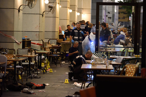 Israeli security forces at the scene where a suspect terrorist opened fire at the Sarona Market shopping center in Tel Aviv, on June 8. The suspect shot and killed four people.