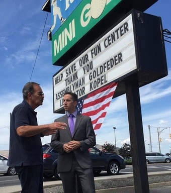 Assemblyman Phil Goldfeder and Marty Rosen, outside Rosen&rsquo;s min-golf and batting cage center.