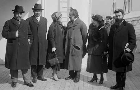 Menachem Ussishkin, a VIP in pre-Israel Palestine, claimed a street named for Judah Ha-Levi as his own. Fom left: Ussishkin, Chaim Weizmann, Elsa and Albert Einstein, Vera Weizmann, and Ben-Zion Mossinson, on board the SS Rotterdam in New York in 1921.