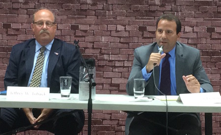 Democratic Assembly primary rivals Jeffrey M. Toback (left) and Anthony P. Eramo, during last week&rsquo;s League of Women Voters forum in the Long Beach Public Library.