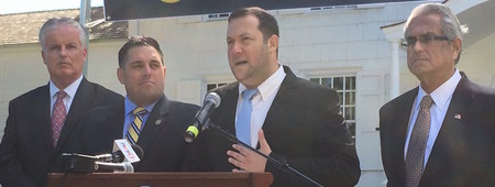 Outside Rock Hall in Lawrence on Monday, Shomron Regional Council Chair Yossi Dagan is flanked by (from left) state Senate candidate Chris McGrath, Councilman Anthony D&rsquo;Esposito and Supervisor Anthony J. Santino.