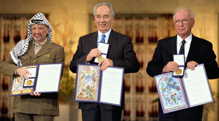 Nobel Peace Prize laureates for 1994 in Oslo (from left): PLO Chairman Yassar Arafat, Israeli Prime Minister Yitzhak Rabin, and Foreign Minister Shimon Peres.