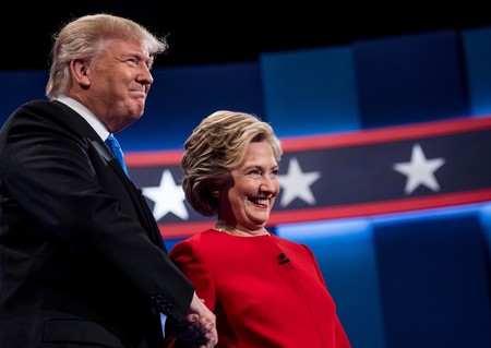 Democratic Nominee for President of the United States former Secretary of State Hillary Clinton and Republican Nominee for President of the United States Donald Trump meet for their first presidential debate at Hofstra University in Hempstead, New York on Monday September 26, 2016. (Photo by Melina Mara/The Washington Post via Getty Images)