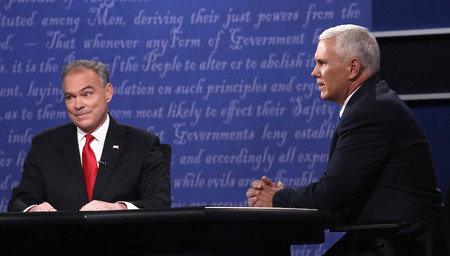 Democrat Tim Kaine and Republican Mike Pence during the Vice Presidential Debate at Longwood University on October 4.
