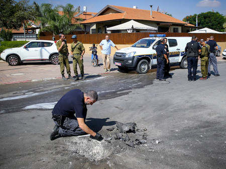The site where a rocket fired from Gaza hit the southern Israeli city of Sderot on Oct. 5.