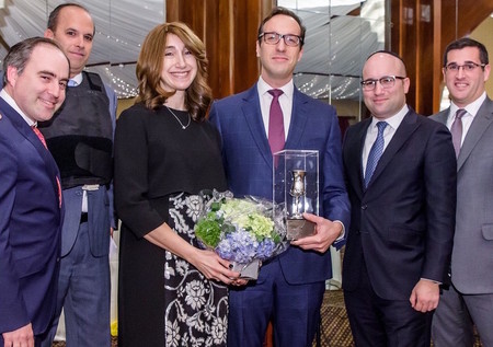 From left: Gala co-chair David Burg, Sruli Greenberger, guests of honor Guitty and Yoel Goldfeder, and co-chairs Eli Moskowitz and Michael Greenfield.