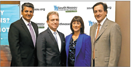 Dr. Adhi Sharma, far left; Joe Calderone, senior vice president of the hospital&rsquo;s corporate communications and development; Joanne Newcombe, a registered nurse and SNCH&rsquo;s vice president for community health development; and Charles Fuschillo, the CEO and president of the Alzheimer&rsquo;s Foundation of America, announced South Nassau&rsquo;s partnership with the AFA.