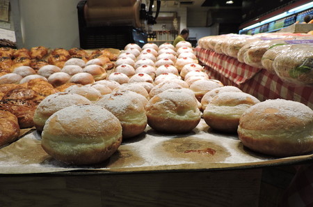 Sufganiyot on display in Jerusalem&rsquo;s Central Bus Station.
