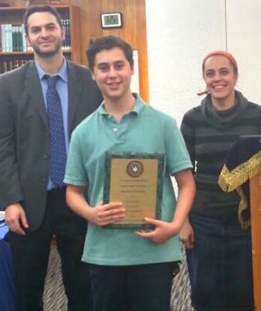 Rambam junior Mordechai Gerstley made it to the final round and won Best Free Verse Poem. He's flanked by Rambam Assistant Principal Hillel Goldman (left) and guest judgeTamar Rydzinski.