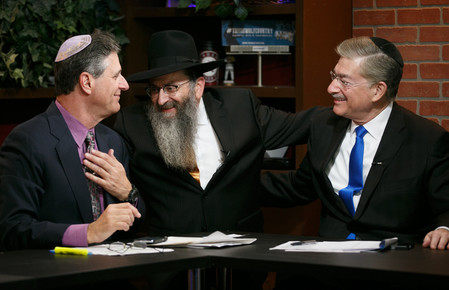 Co-host David Weiss (WINS news anchor), Rabbi Perl, and Kive Strickoff