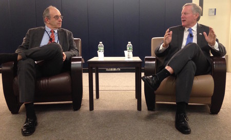 Touro College President Dr. Alan Kadish and Rep. Meadows during a discussion at Lander College for Women.