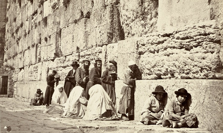 Jews pray at the Kotel, adjacent to the Temple Mount, circa 1880.