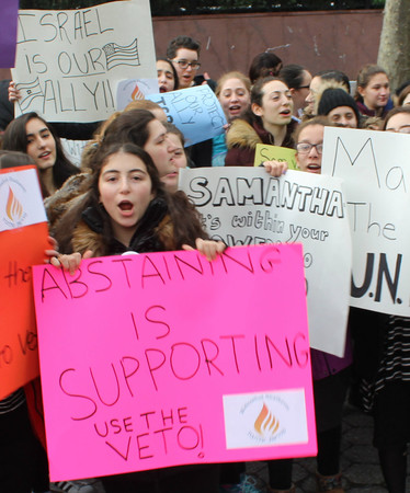 Students from Midreshet Shalhevet High School in North Woodmere demonstrated outside the United Nations last week. See story on page 16.